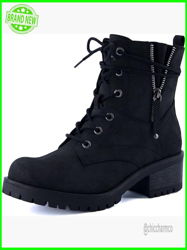 Heeled Combat Boots Lace-Up Side Zipper Memory Foam Vegan Leather Ankle Boots